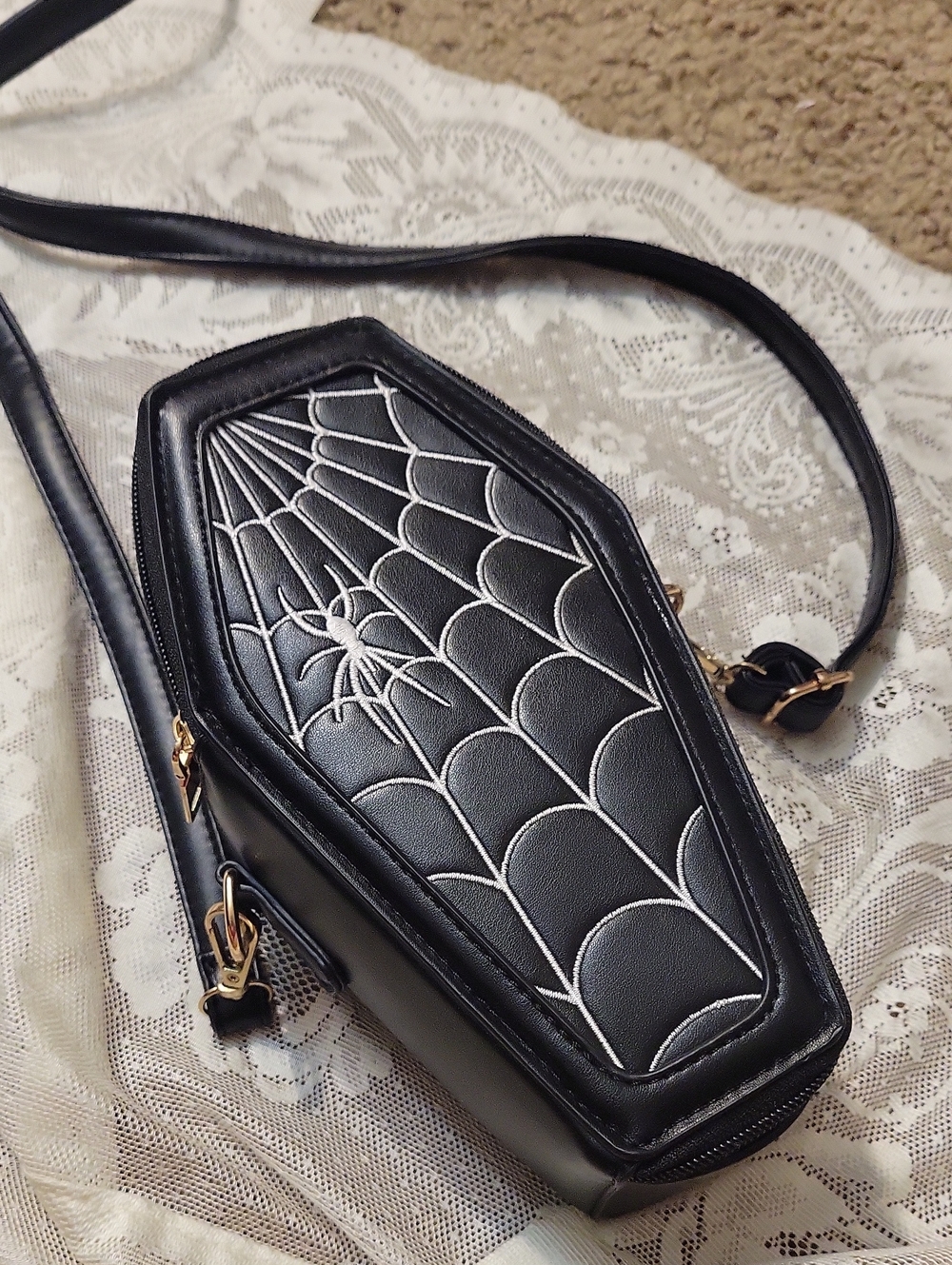 NEW Black Coffin Crossbody Bag with Spiderweb Embroidery